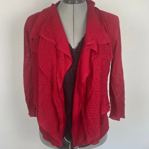 Ralph Lauren Burgundy Linen Knit Waterfall Cardigan Small - Picture 3 of 7